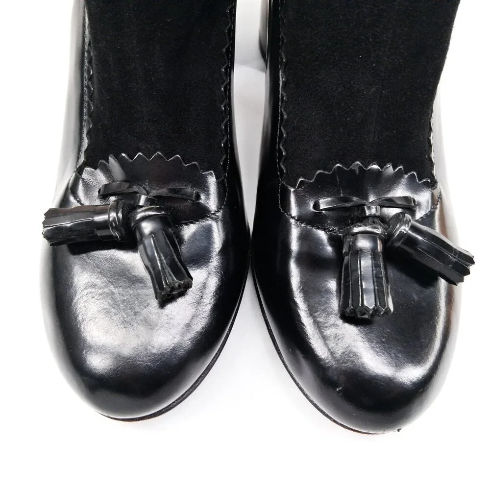 Robert Clergerie Paris Black Leather Sock Boot Heels Tassel Scallop Y2K SZ 7 - Picture 3 of 16
